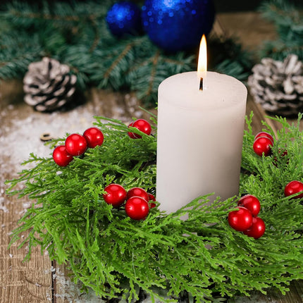 8 Pcs Christmas Candle Rings Wreath Red Artificial Cedar Berry Candle Ring Holder Mini Window Wreaths for Home Christmas Holiday Table Centerpiece