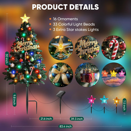 Solar Christmas Decorations Outdoor, 2 Pack 30 Inch Solar Christmas Tree Outdoor Waterproof, Artificial Pine Outdoor Christmas Trees for Yard with Christmas Ornaments, Small Christmas Tree with Lights