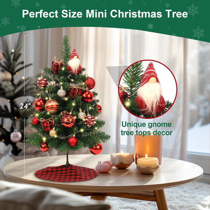Mini Christmas Tree, 2ft Artificial Small Tabletop Christmas Tree, Table Top Christmas Tree with Gnome, Ball Ornaments and Buffalo Plaid Tree Skirt DIY Xmas Tree