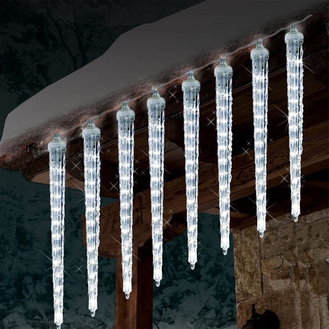 WATERGLIDE Meteor Shower Lights, 12" Outdoor Icicle Christmas Lights 8 Icicles 192 SMD LED Crystal Ice Falling Lights, Connectable Raindrop Iciclelight, Xmas Winter Party Tree Holiday Decor, White