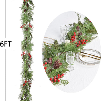 6ft Pine Christmas Garland Decoration, Artificail Pine Leaves Red Berry Garland Christmas with Pine Cones Home Decoration for Winter Holiday Mantel Table Centerpiece (Light Green)