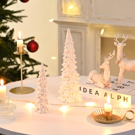 Resin White Christmas Tree Figurines, 2Pcs Small Christmas Tree for Tabletop, Decorative Christmas Tree Set with Glitter, Mini Xmas Trees for Mantle Indoor Decor, DIY Winter Village