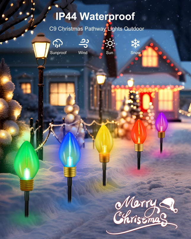 2 Pack Jumbo C9 Christmas Lights Outdoor Decorations Lawn with Stakes, 11Ft 5 LED Pathway Marker String Lights for Holiday Outside Yard Garden Decor, Large Multicolor Bulbs, 10 Lights