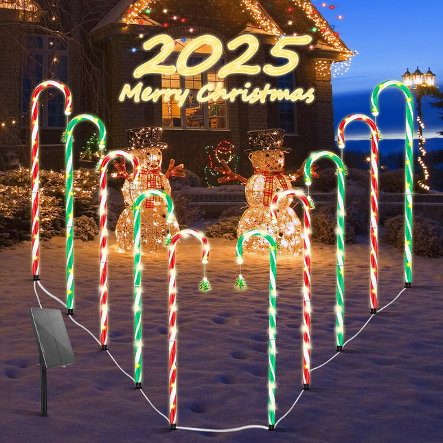 10-Pack d Solar Christmas Pathway Lights, Solar Christmas Candy Cane Lights Waterproof, Christmas Decorations Stakes Lights Outdoor with 8 Modes for Party Patio Garden Lawn Yard Decor