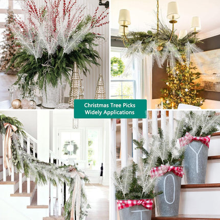 Oairse 8 Pcs Christmas Tree Picks and Sprays White Glitter Christmas Picks 28" Christmas Glitter Feathers Leaves Stems for Christmas Tree Filler Branches Wreaths Centerpieces Holiday Decorations