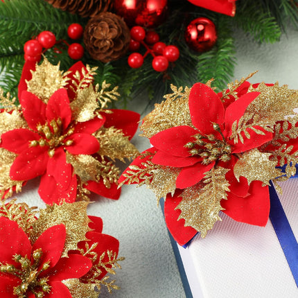 Lyrow 60 Pcs 6 Inch Christmas Glitter Poinsettia Flowers Decorations with Clips and Stems Christmas Tree Ornaments Artificial Poinsettia for Xmas DIY Wreath Crafts Party Decor(Red with Gold)