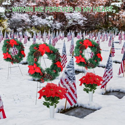 Dingion 4 Pcs 24" Christmas Cemetery Wreath with Easel Stand Gravestone Red Poinsettia Bouquet with Vase Christmas Artificial Memorial Gravestone Wreath Stand Headstone Wreath Outdoor Decoration