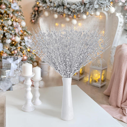 24 Pack Silver Christmas Tree Picks and Sprays, Artificial Glitter Berry Stems Branches for Christmas Tree Ornaments Glittery Bead Twigs for Holiday Party Garland DIY Xmas Berries Decorations