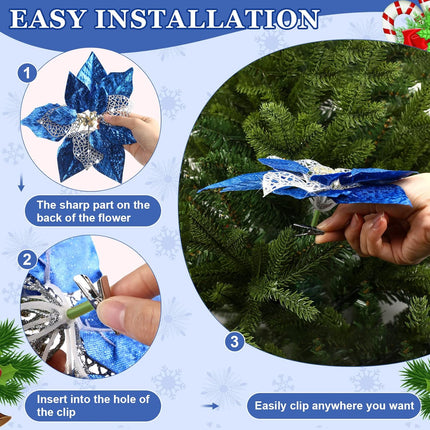 30 Pieces 8 Inches Large Christmas Artificial Poinsettia Flower Christmas Tree Glitter Faux Flowers Floral Wreath Garland Xmas Tree Ornaments for Wedding Holiday Wreath DIY (Blue)