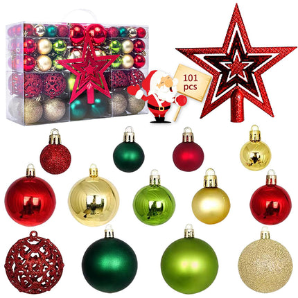 101 PCS Christmas Balls Ornaments Set for Christmas Xmas Trees, Shatterproof Plastic Baubles Christmas Balls and Tree Topper for Christmas Holiday Decorations
