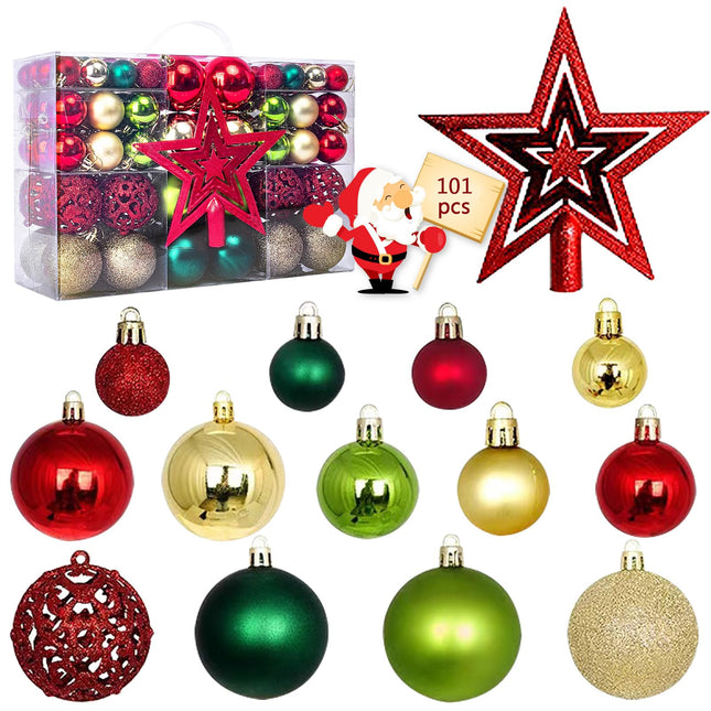 101 PCS Christmas Balls Ornaments Set for Christmas Xmas Trees, Shatterproof Plastic Baubles Christmas Balls and Tree Topper for Christmas Holiday Decorations