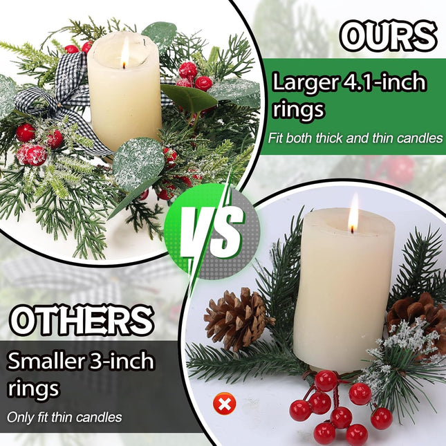Enlarged Christmas Candle Rings Inner Diameter 4.1 in - 4 Pcs Candle Wreath Holders with Artificial Snow Buffalo Bow Leaves Berries for Xmas Holiday Party Wedding Table Centerpiece Decorations