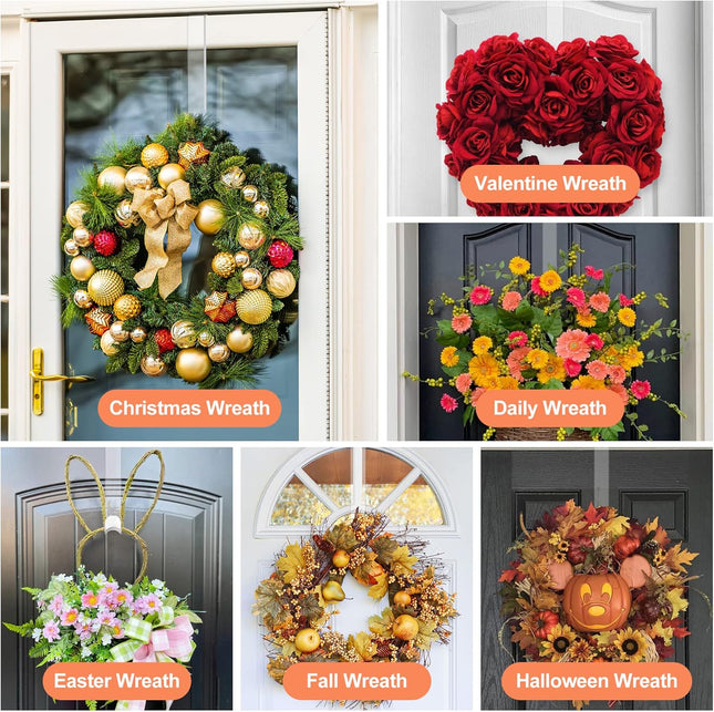12" Clear Wreath-Hanger Non Scratch Over The Door Hooks,2 Pack Wreath-Door-Hanger Easter Halloween Christmas Decoration,Welcome Sign for Front Door Décor Inside Outside,Slim Hangers Organizer for Home