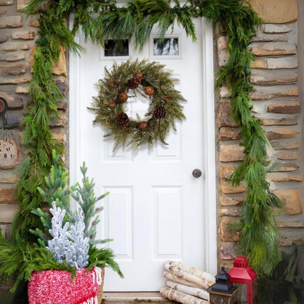 22-Inch Handcrafted Artificial Christmas Wreath with Pinecones, Rust Bell, and Lifelike Pine Branches Winter Holiday Wreath for Front Door and Home Décor, Indoor/Outdoor Seasonal Décor