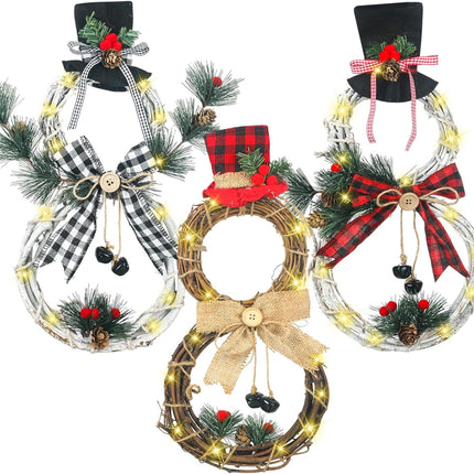 3 Pcs Lighted Christmas Wreath Decoration Grapevine Wreath with Hat Bow Holding Sign Red Berries Pine Cone Vine for Xmas Front Door Home Garden Wall Decor, Batteries Not Included (Snowman)