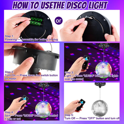 10 RPM Disco Ball with Motor and Mirror Ball — Plug/Battery Powered Disco Ball Light with 4 Color Lights,18 LED Beads and Mirror Ball, Christmas Party, Back to 70s Theme Party Supplies