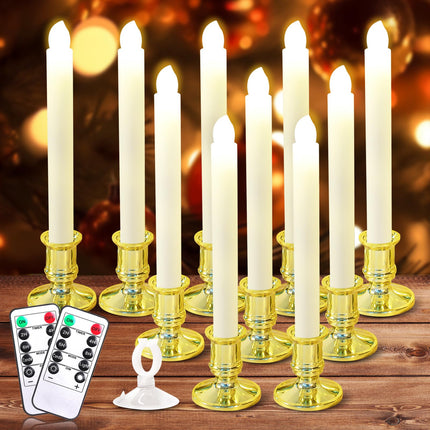 Verdenu 10 Pack Christmas Window Candles with Timer Remote, Battery Operated Window Candles with Sensor Dusk to Dawn Electric LED Candles with Holder/Suction Cups for Christmas Decorations, Gold