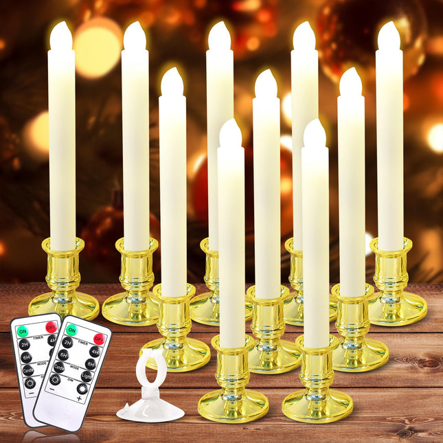 Verdenu 10 Pack Christmas Window Candles with Timer Remote, Battery Operated Window Candles with Sensor Dusk to Dawn Electric LED Candles with Holder/Suction Cups for Christmas Decorations, Gold
