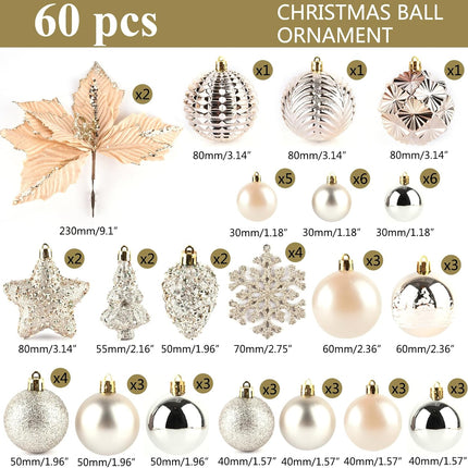 60 Pcs Christmas Ball Ornaments Set,Champagne Gold Shatterproof Plastic Christmas Tree Ornaments Balls for Indoor and Outdoor Holiday Party Wedding Thanksgiving Christmas Decoration