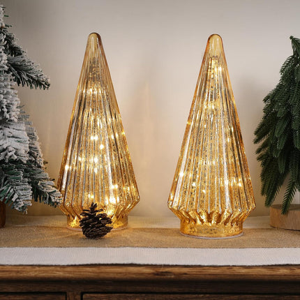 Christmas Decorations Indoor-2PCS Light Up Gold Glass Christmas Tree -Christmas Table Decorations Lighted for Home Living Room Fireplace Tabletop Party