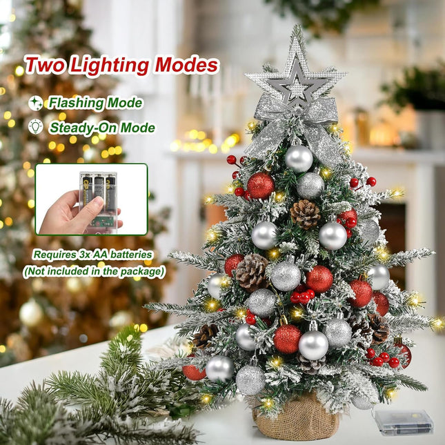 Tabletop Christmas Tree 24 Inch / 2 FT Mini Artificial Christmas Tree with 40 LED Lights, Battery Operated Small Xmas Tree for Indoor Tabletop or Desktop Decoration (Red and Silver Ornament Tree)