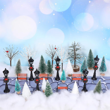 Hiboom 32 Pcs Christmas Figurine Village Accessories Mini Village Trees Frosted Christmas Pine Trees Cobblestone Street Accessory Figurine Village Display for Xmas Winter House Decor