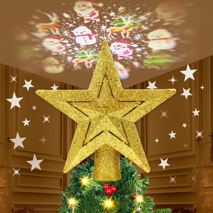 Sparkling Gold Christmas Tree Topper Lighted, 3D Hollow Xmas Tree Decorations, Christmas Tree Star Topper with 2 Projection Modes, Suitable for Party Festivals