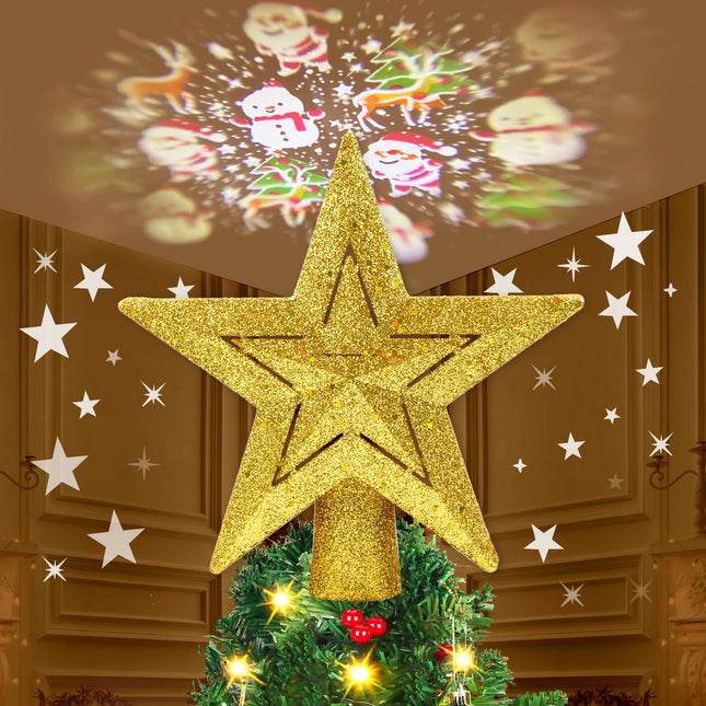 Sparkling Gold Christmas Tree Topper Lighted, 3D Hollow Xmas Tree Decorations, Christmas Tree Star Topper with 2 Projection Modes, Suitable for Party Festivals
