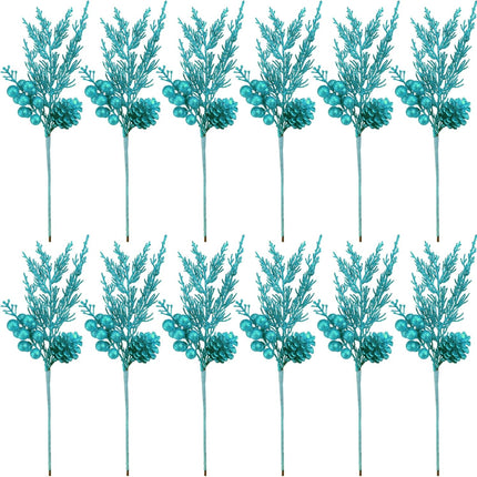 Winlyn 12 Pcs Christmas Artificial Pine Branches Teal Glitter Pine Needles with Pinecone and Berries Christmas Floral Picks 14.2" for Teal Christmas Tree Seasonal Wreath Swag Holiday Arrangement