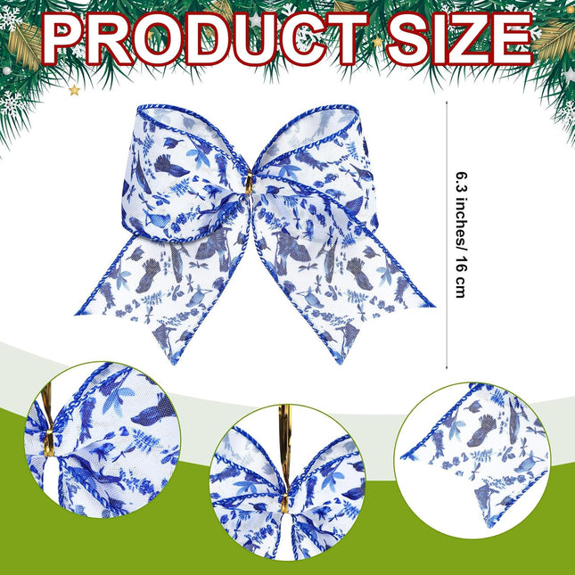 12 Pcs Christmas Bows Chinoiserie Ornaments 6.3 Inch Large Blue and White Chinoiserie Decor Christmas Wreath Bows Christma Tree Bows Ribbons for Garland Holiday Party
