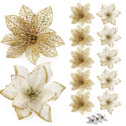 ilauke 24Pcs Gold Poinsettias Artificial Christmas Flowers, 6" Glitter Artificial Christmas Flowers with 30 Clips, for Xmas Tree Decorations Wedding Party Fireplace Stairs Decor