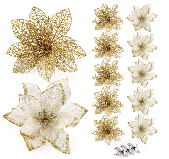 ilauke 24Pcs Gold Poinsettias Artificial Christmas Flowers, 6" Glitter Artificial Christmas Flowers with 30 Clips, for Xmas Tree Decorations Wedding Party Fireplace Stairs Decor