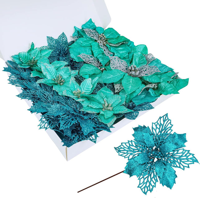 Winlyn 24 Pcs 4 Styles Christmas Teal Blue Metallic Mesh Glitter Artificial Poinsettia Flower Stems Tree Ornaments in Box for Teal Blue Christmas Tree Wreaths Garland Winter Wedding Holiday Decoration