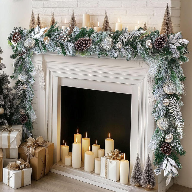6.2FT Artificial Snowy Christmas Garland for Mantel, Thick Frosted Pine Garland Flocked Garland with Pine Cones, Realistic Cedar Garland for Xmas Holiday Table Stairs Fireplace Door Winter Decorations