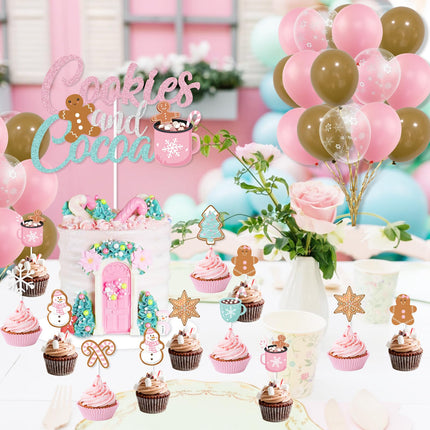 Cookies and Cocoa Party Decorations, Pink Cookies and Cocoa Banner Christmas Gingerbread Man Banner Cake Topper Balloons for Christmas Hot Cocoa Bar Supplies Christmas Birthday Party Decorations