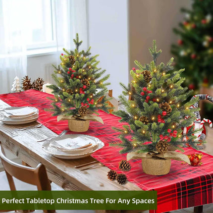2 Pack 24 Inch Tabletop Small Christmas Trees with Lights Timer Full PE Pine Artificial Mini Christmas Tree Realistic-Feel Tips Red Berries Pinecone Stable Base Christmas Decorations Indoor Xmas Home