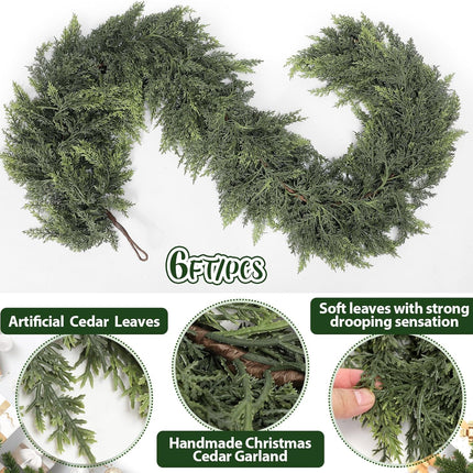 Waydress 1 Pcs 6 Feet Christmas Cedar Garland Thick and Lush Realistic Artificial Cedar Garland Green Faux Cedar Pine Needles Garland for Christmas Winter Home Mantel Fireplace Holiday Party Decor