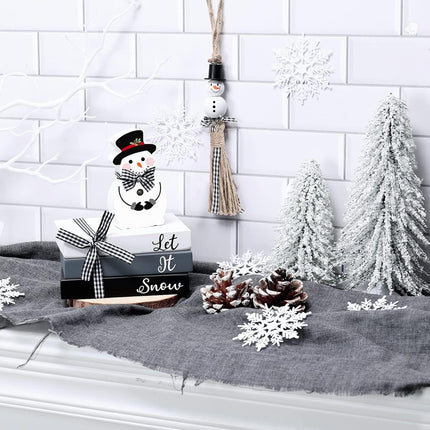 Snowman Wooden Book Stack Decor Set of 5 Christmas Tiered Tray Decor Winter Holiday Mini Book Bundle with Beaded Garland Let it Snow Hello Winter for Shelf Sitter Mantle Table Centerpieces