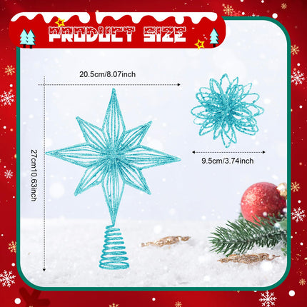 Barydat 17 Pcs Christmas Tree Decorations Set Glitter Star Christmas Tree Topper Metal Xmas Treetop with 16 Hanging Flower Christmas Balls Ornaments for Holiday Xmas Tree Party Decoration (Light Blue)