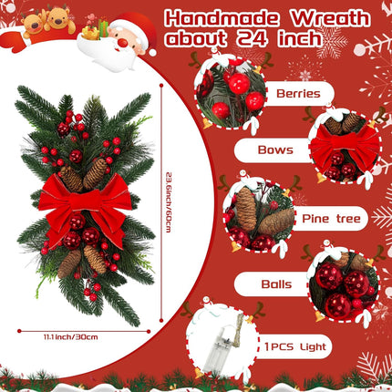 2Pack Christmas Swags Cordless Prelit Stairway Teardrop Swag Wreath Staircase Garland Christmas Decorations for Home Outdoor Garden(About 24In)