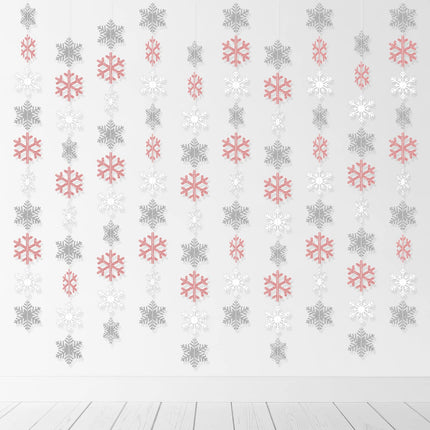 Winter Snowflake Hanging Decorations, Glitter Silver White Rose Gold Snowflakes Christmas Hanging Garland Winter Party Decorations for Winter Wonderland Girls Birthday Christmas Party Decorations