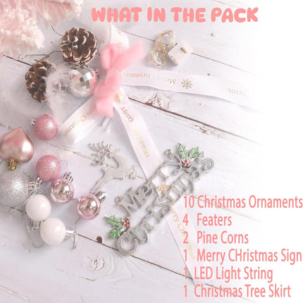 Small Christmas Tree Pink - Mini Christmas Tree Pink, Flocked Christmas Tree Small, Pink Christmas Tree Dcorated, Comes with Ornaments, 2ft Tabletop Christmas Tree with Tree Skirt