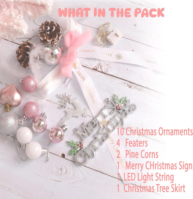 Small Christmas Tree Pink - Mini Christmas Tree Pink, Flocked Christmas Tree Small, Pink Christmas Tree Dcorated, Comes with Ornaments, 2ft Tabletop Christmas Tree with Tree Skirt