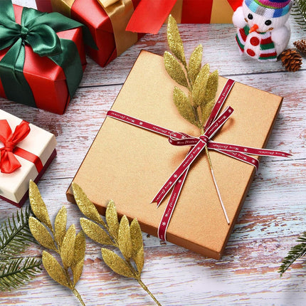 24 Pcs Artificial Glitter Gold Leaves,13" Glittered Christmas Gold Flowers Leaf Christmas Tree Picks and Sprays for Christmas Wreath Xmas Tree Ornaments Wedding Table Decorations