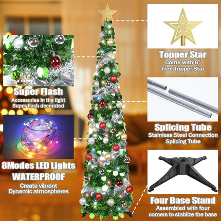 5 FT Pop Up Christmas Tree with Timer Lights and Decorations, Green Silver Tinsel Christmas Tree with 24 Ball Ornaments, Pencil Tree Collapsible Christmas Tree for Home, Apartment, Office
