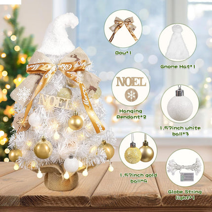 2FT White Small Christmas Tree with Lights,Gnome Tabletop Artificial Christmas Tree Desktop Xmas Tree with Ball Lights, Ornaments,Best DIY Christmas Decorations