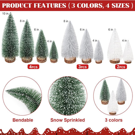 9Pcs Mini Christmas Tree, Bottle Brush Christmas Trees Wooden Base Table Decor with 4 Sizes, Artificial Tabletop Christmas Tree Indoor Village Decor Xmas Decorations(Green+Sliver+White)