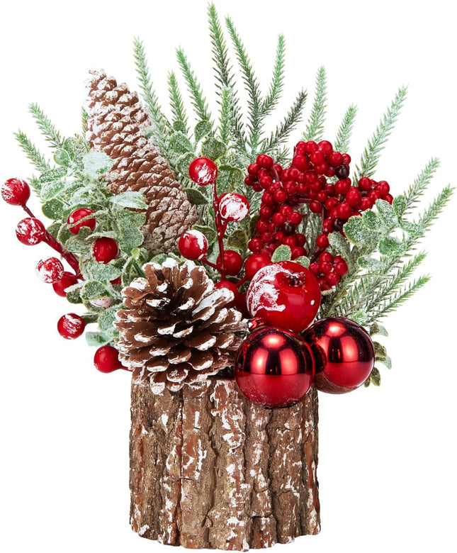 Christmas Decorations Indoor, Christmas Centerpiece Table Decorations, Small Artificial Tabletop/Desk Christmas Tree with Christmas Ornaments Pinecone Berry for Home Farmhouse Mantle Décor (Red)
