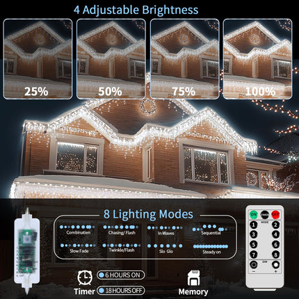 Icicle Christmas Lights 50+16Ft 506 LED Icicle Lights for Outside with 101 Drops 8 Modes Remote Dimmable Connectable Memory Timer Plug Icicle Lights Indoor Outdoor Xmas House Roof