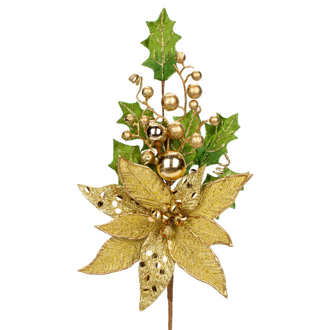2PCS Christmas Tree Picks Gold Christmas Floral Pick 19.7" Christmas Stems with Ornaments Glitter Leaves Berries Artificial Poinsettia for Xmas Tree Filler Branches Garland Wreath Centerpieces Decor